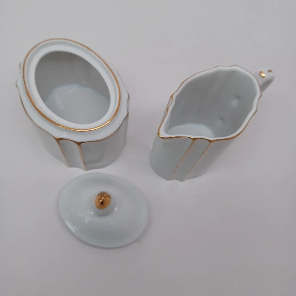 Lord & Taylor Vintage Porcelain Sugar Bowl and Creamer Set Gold Gilt Japan White
